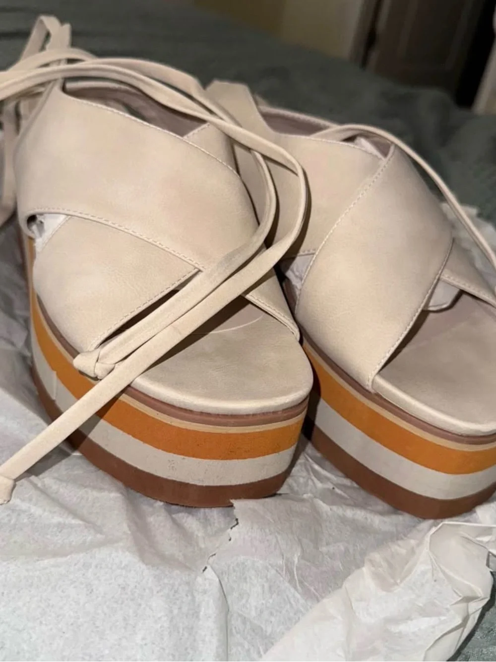 Steve Madden Cream Lace-Up Platform Sandals with Orange and Brown Striped Sole
